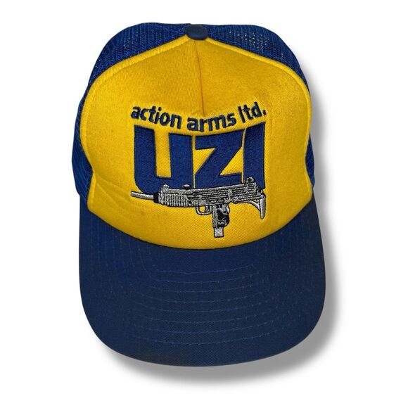Vintage Action Arms Ltd UZI Embroidered Snapback Trucker Hat Blue Yellow 60s 70s - Picture 1 of 14